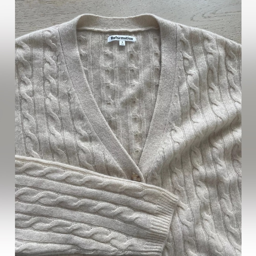 Reformation Beige Giusta Oversized Cashmere Cable Knit Cardigan S - Picture 10 of 12